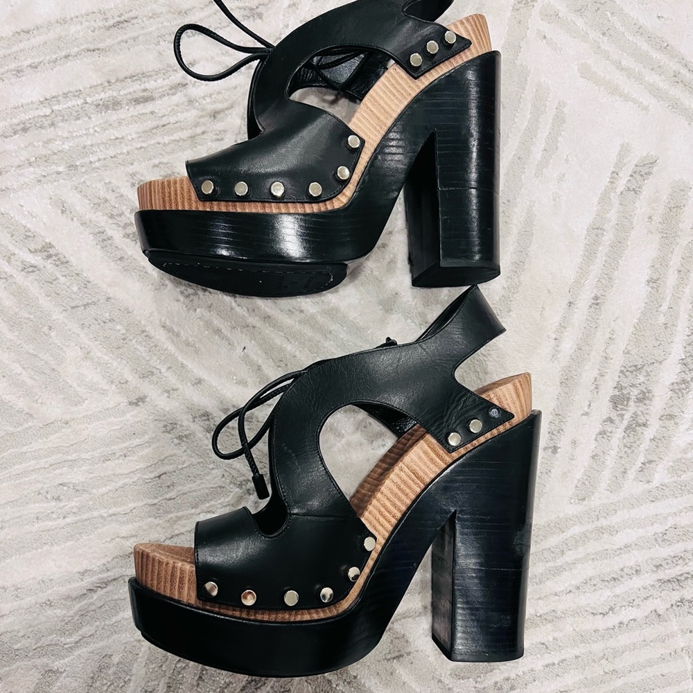 Balenciaga Black Leather Platform Wooden Studded Sandals 39